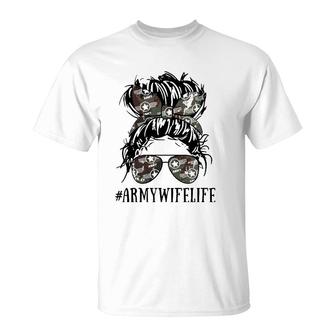 Messy Bun Army Wife Life Camo Print Sunglasses Mothers T-Shirt | Mazezy