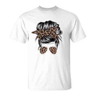 Messy Bun Mom Leopard Messy Hair Bun Mom Life Cool Cheetah T-Shirt | Mazezy