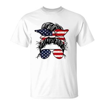 Messy Bun Usa Flag Glasses 4Th Of July Patriotic T-Shirt | Mazezy