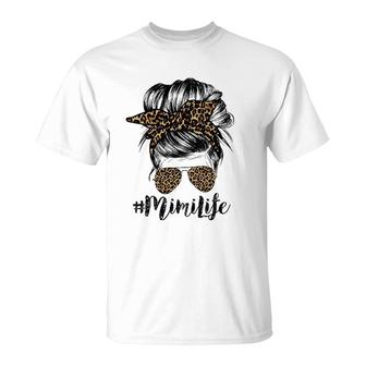 Mimi Life Messy Bun Hair Bandana Glasses Leopard Print Mother's Day T-Shirt | Mazezy