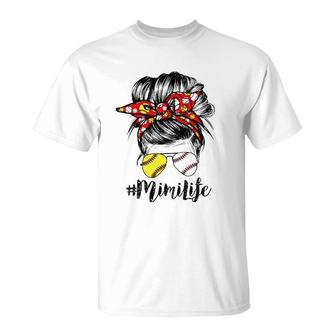 Mimi Life Messy Bun Hair Softball Baseball Mother's Day T-Shirt | Mazezy