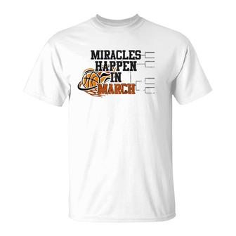 Miracles Happen In March College March Basketball Madness Raglan Baseball Tee T-Shirt | Mazezy