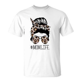 Mom Life Leopard Cheetah Messy Bun Mother's Day T-Shirt | Mazezy UK