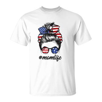 Mom Life Messy Bun America Flag Mother's Day 4Th Of July T-Shirt | Mazezy UK