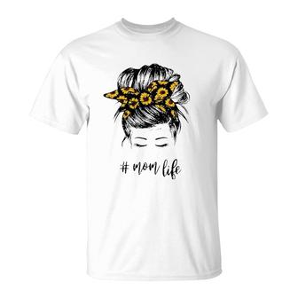 Mom Life Messy Hair Bun Sunflower Women Mother's Day T-Shirt | Mazezy AU