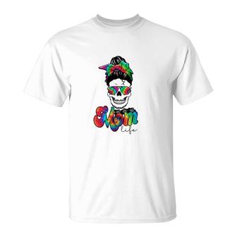 Mom Life Skull Badass Mama For Messy Hair Bun Tie Dye T-shirt - Thegiftio