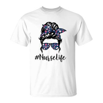 Nurse Messy Bun Life Hair Glasses Mother's Day T-Shirt | Mazezy