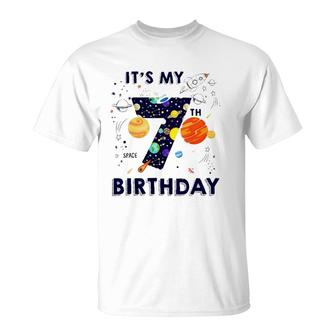 Outer Space 7 Years Old 7Th Birthday Party Boys Girls T-Shirt | Mazezy