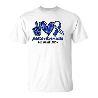 Peace Love Cure Blue & White Ribbon Als Awareness Month T-Shirt | Mazezy