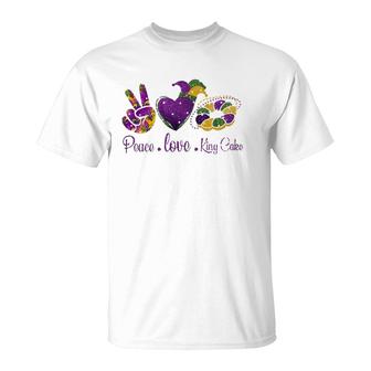 Peace Love King Cake A Mardi Gras Party Carnival Gifts T-Shirt | Mazezy