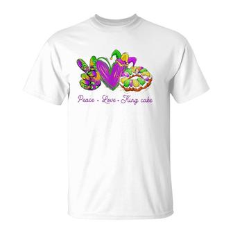Peace Love King Cake Funny Mardi Gras Party Carnival Gifts T-Shirt | Mazezy
