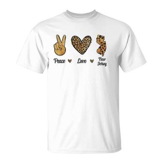 Peace Love New Jersey Leopard Flag Map Souvenirs Men Women T-Shirt | Mazezy
