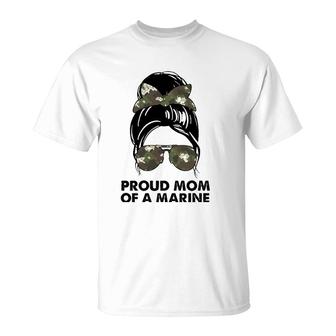 Proud Mom Of A Marine Messy Bun Camouflage Military Women T-Shirt | Mazezy