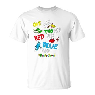 Reading Teacher Squad One Two Red Blue Fish Funny T-Shirt | Mazezy