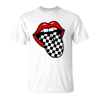 Red Lips Black White Checkered Tongue T-Shirt | Mazezy