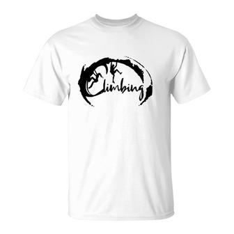 Rock Climbing Lettering With Climber And Female Climber Climbing Bouldering T-Shirt | Mazezy
