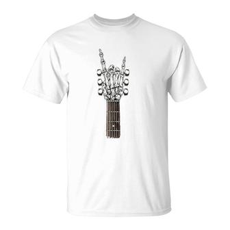 Rock On Guitar Neck - With A Sweet Rock & Roll Skeleton Hand T-Shirt | Mazezy