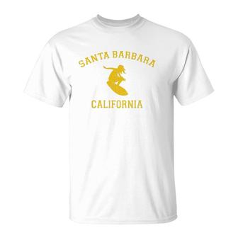 Santa Barbara California College-Style Woman Surfing T-Shirt | Mazezy
