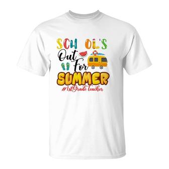 School's Out For Summer 1St Grade Teacher Beach Vacation Van Car And Flip-Flops T-Shirt | Mazezy