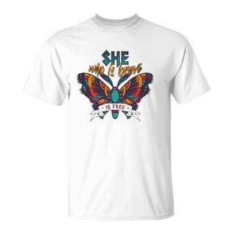 She Who Is Brave Is Free Funny Vintage Butterfly Color T-Shirt | Mazezy