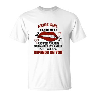 Sweet As Candy Cold As Ice Aries Girl Lip Birthday Gift T-Shirt - Seseable