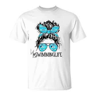 Swimming Life Swim Messy Bun Hair Swimming Mom For Women T-Shirt | Mazezy