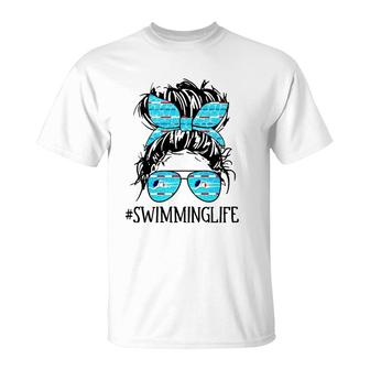 Swimming Life Swim Messy Bun Hair Swimming Mom For Women T-Shirt | Mazezy