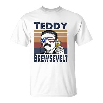 Teddy Brewsevelt Funny American Flag 4Th Of July Retro T-Shirt | Mazezy