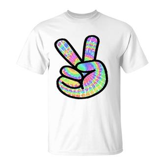 Tie-Dye Peace Sign Love Happy Colorful Tie-Dye Hippie Finger T-Shirt | Mazezy