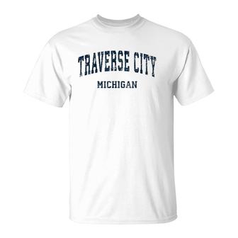 Traverse City Michigan Mi Vintage Varsity Sports Navy Design T-Shirt | Mazezy
