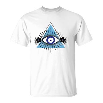 Triangle Blue Evil Eye V-Neck T-Shirt | Mazezy UK