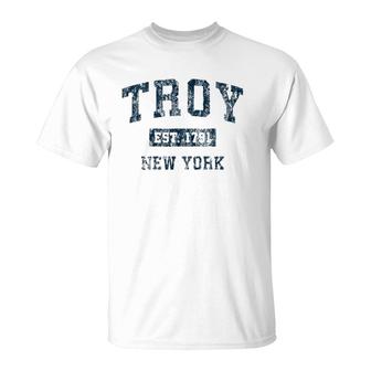 Troy New York Ny Vintage Sports Design Navy Print T-Shirt | Mazezy