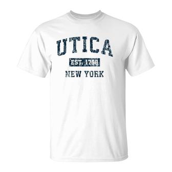 Utica New York Ny Vintage Sports Design Navy Print T-Shirt | Mazezy