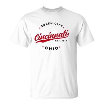 Vintage Cincinnati Ohio Queen City Red Text T-Shirt | Mazezy