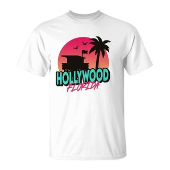 Vintage Hollywood Florida Beach Palm Trees Fl Distressed T-Shirt | Mazezy