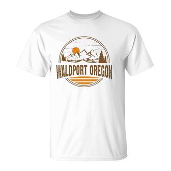Vintage Waldport Oregon Mountain Hiking Souvenir Print T-Shirt | Mazezy