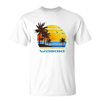 Waikiki Hawaii Island Beach Surf Sunset Palms Ocean Vacay T-Shirt | Mazezy