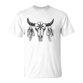 Western Rodeo Bull Skull With Feathers T-Shirt | Mazezy