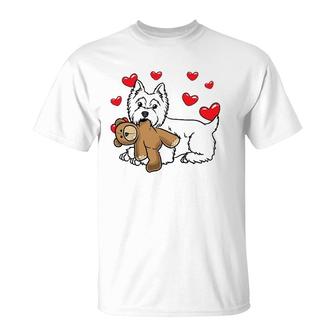 White West Highland Terrier Dog With Stuffed Animal T-Shirt | Mazezy