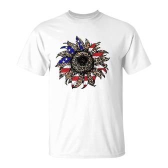 Women Girl Leopard American Flag Sunflower 4Th Of July T-Shirt | Mazezy UK