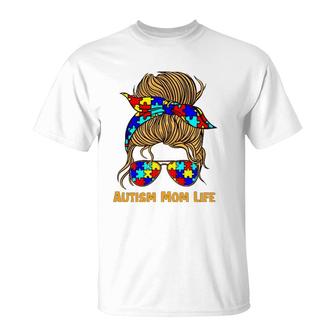 Womens Autism Mom Life Messy Bun Autism Mom T-Shirt | Mazezy