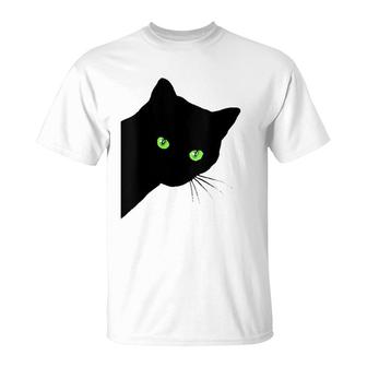 Womens Black Cat Peeking Funny Peaking Black Cat T-Shirt | Mazezy