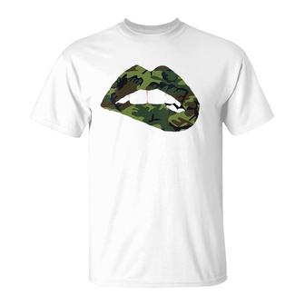 Womens Camouflage Lips Mouth Military Kiss Me Biting Camo Kissing V-Neck T-Shirt | Mazezy