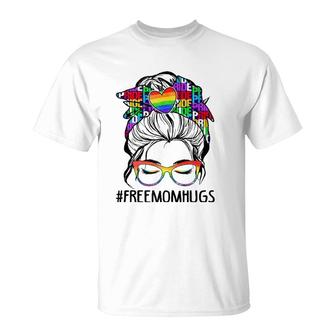 Womens Free Mom Hugs Messy Bun Lgbt Pride Rainbow T-Shirt | Mazezy UK