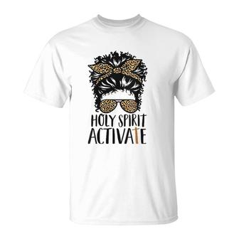 Womens Holy Spirit Activate Black Mom Life Leopard Messy Bun T-Shirt | Mazezy