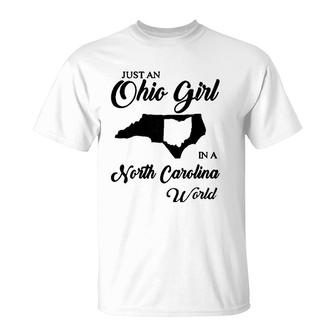 Womens Just An Ohio Girl In A North Carolina World T-Shirt | Mazezy