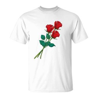 Womens Long Stem Red Roses Mother's Day Floral Anniversary T-Shirt | Mazezy