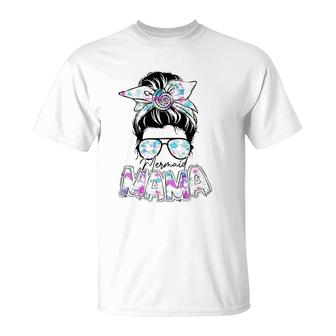 Womens Mermaid Mama Messy Bun Hair Glasses T-Shirt | Mazezy DE