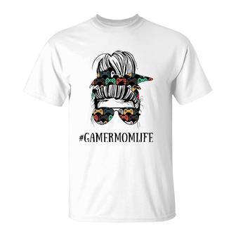 Womens Messy Bun Life Of A Gamer Mom Mother's Day Gaming Mother T-Shirt | Mazezy