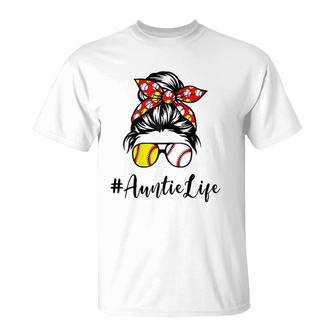 Womens My Auntie Life Softball Baseball Mothers Day Messy Bun T-Shirt | Mazezy